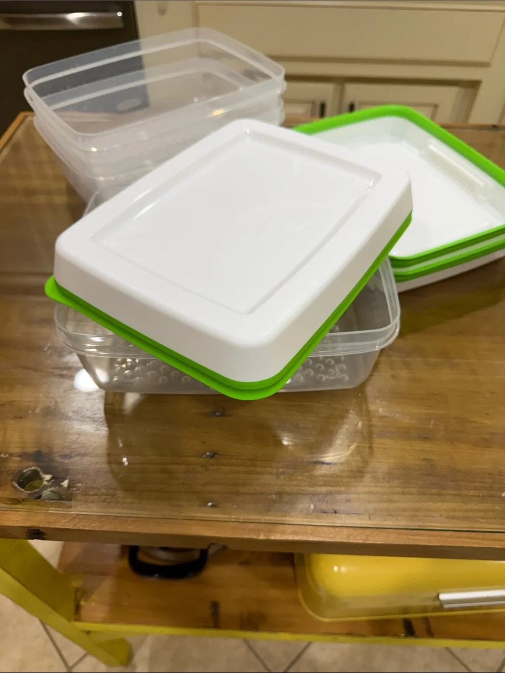Reusable Food Storage Container with White Lid and Green Seal. Set of 3